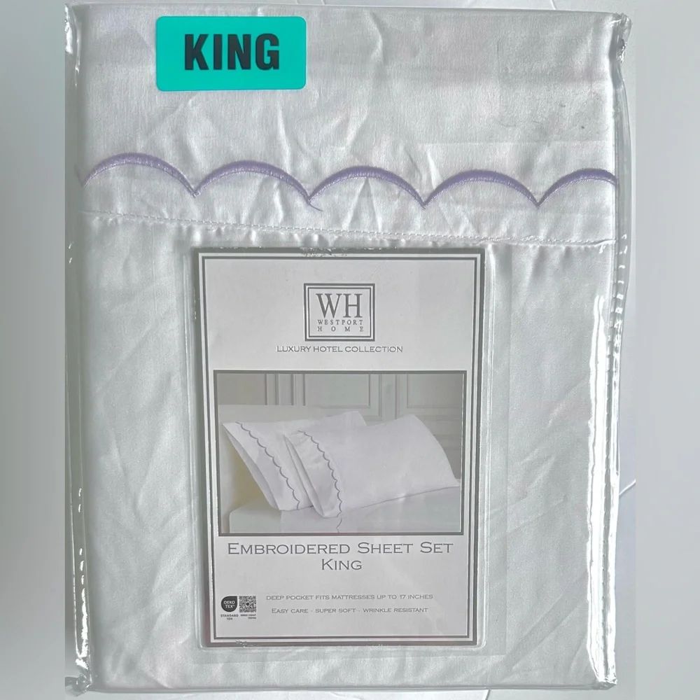 Westport Home Luxury Hotel Collection King Sheets Set White W/ Lavendar Accents
